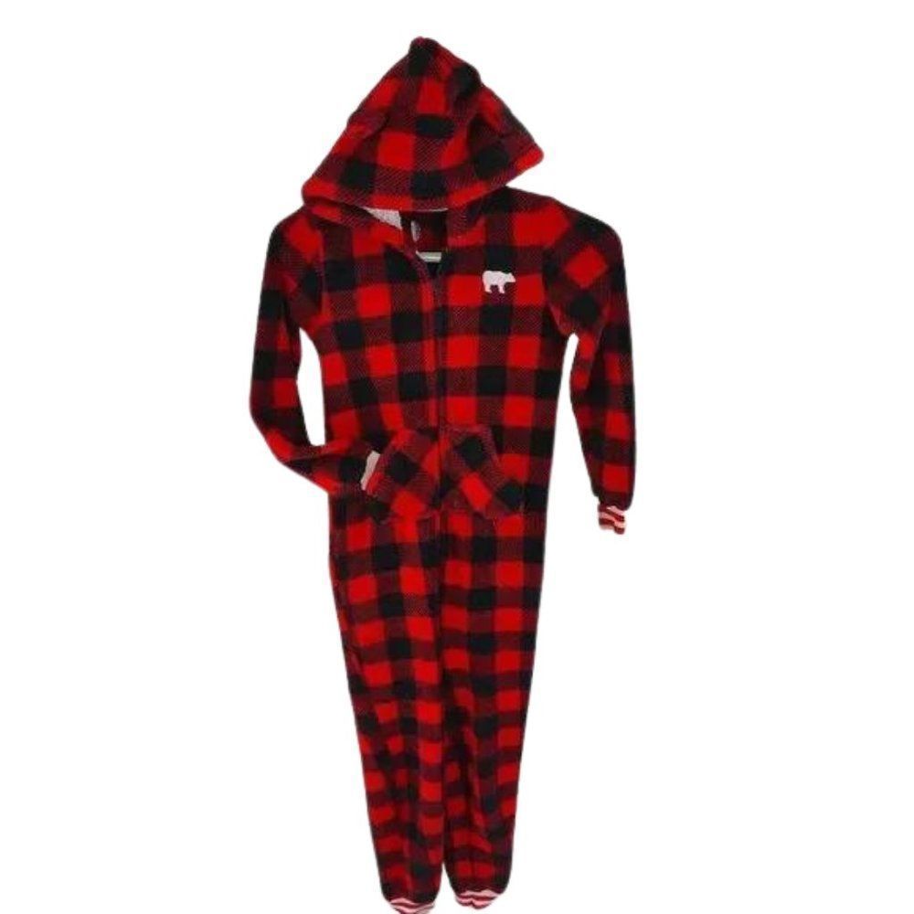 Girls Plaid Winter Onesie , very cozy, black and red with bear logo in white.